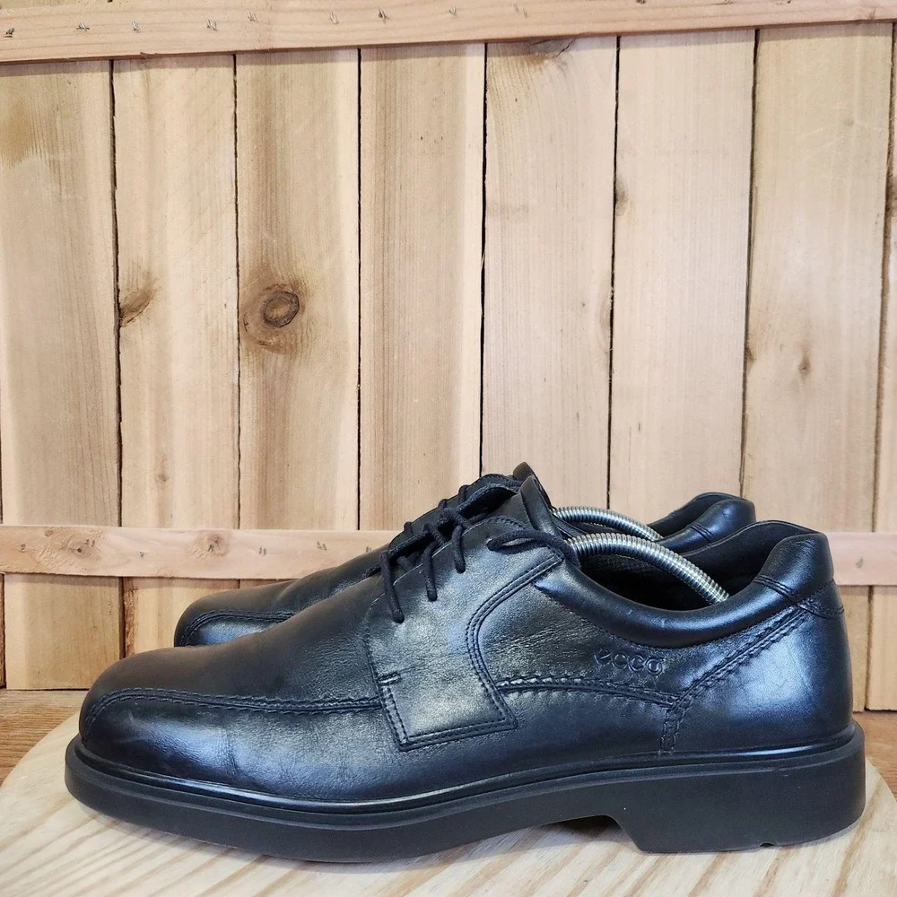 ECCO Helsinki Shoes Mens 12 46 EU Black Leather Bike Toe Lace Up Derby Dress